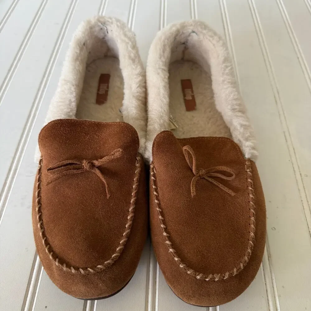 FitFlop Suede Shearling Moccasin Slippers Brown Cozy House Shoes Women’s size 8